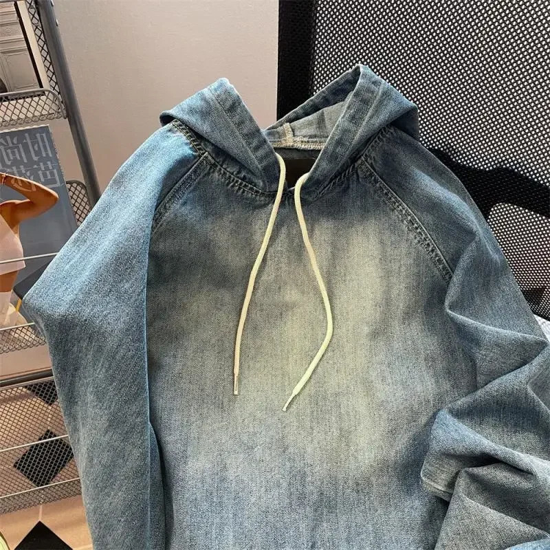 Retro denim hooded sweater mens spring and fall fashion loose washed jacket high street fashion retro casual mens pullover 250527