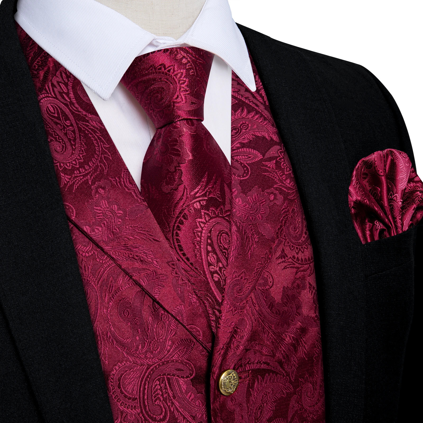 Luxury Red Paisley Silk Suit Vest for Men with 8cm Neck Tie Handkerchief Cufflinks Wedding Prom Blue Gray Tuxedo Waistcoat 250529