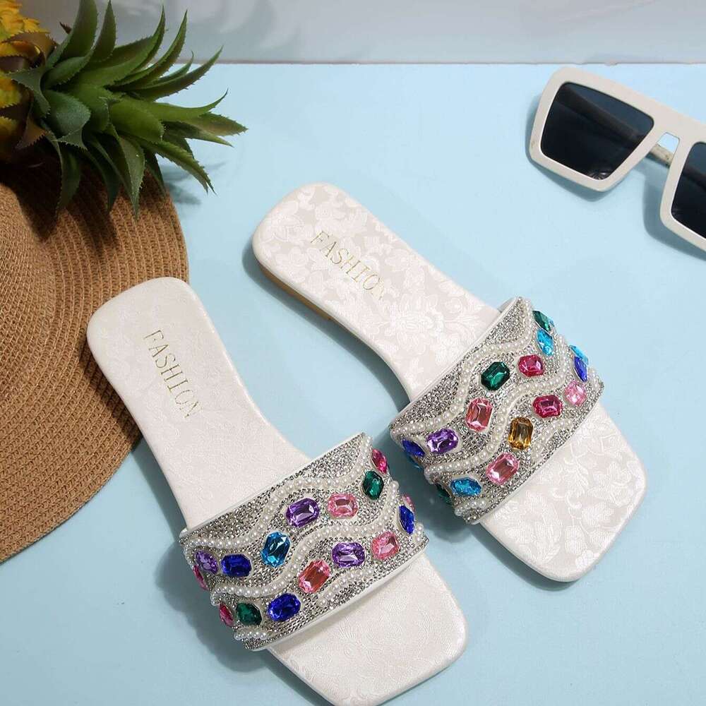 Designer Sandals Diamond Large Beach Slippers 2025 Summer New Style Outerwear Women's Straw Square Head One Word Casual Cool Straw Free Shipping