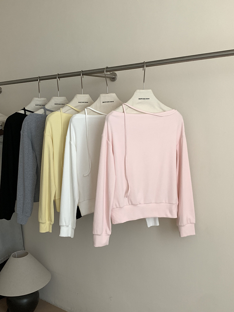 LL1409 oblique collar one shoulder tie sweater women 25 spring new long sleeve design top