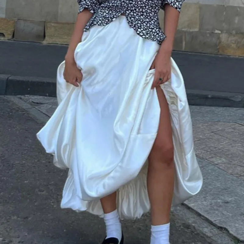 Tuularose Womens White Long Skirt Summer Fashion Casual Solid High Waisted Loose Skirt Elegant Patchwork Female Long Skirt 250527