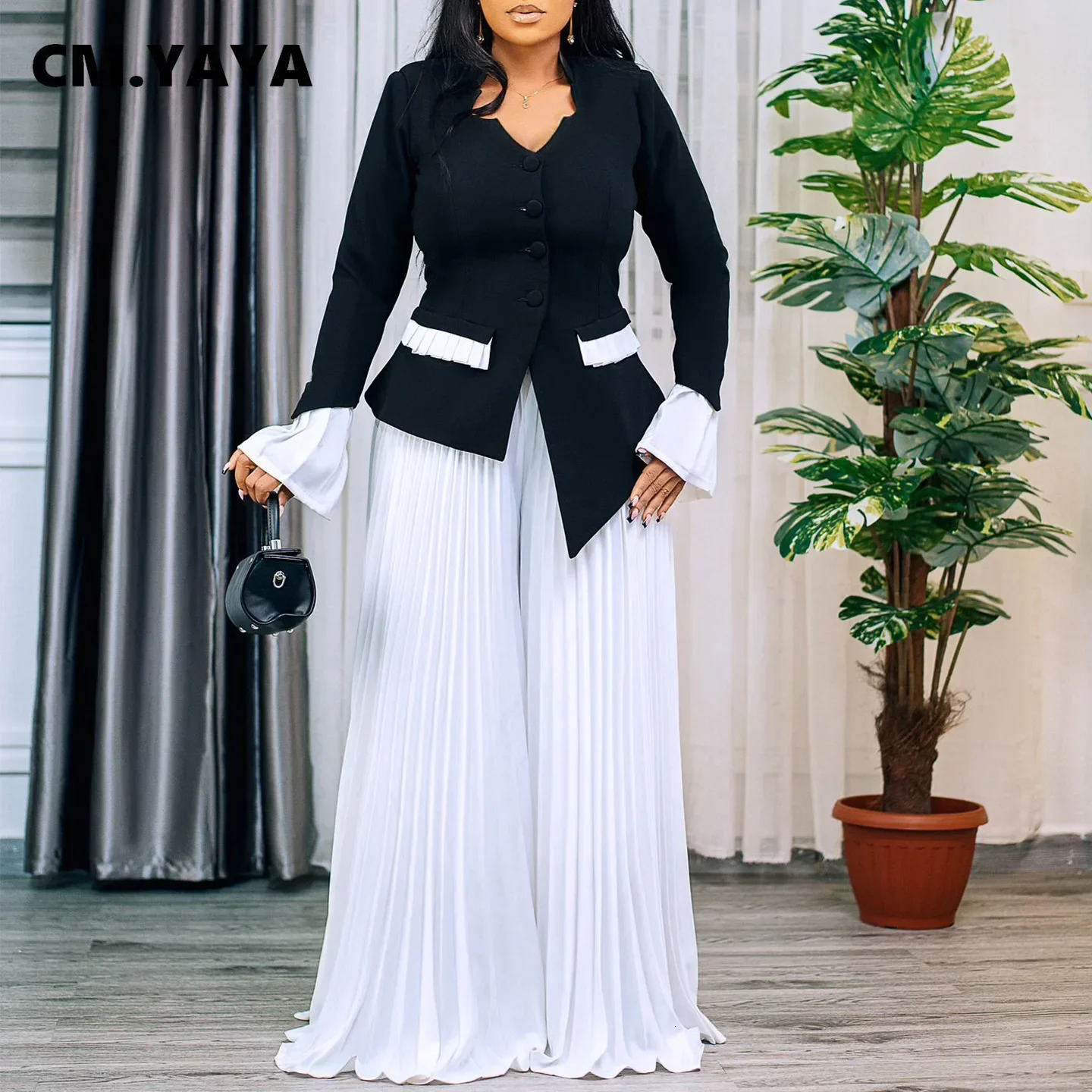 CMYAYA Womens Set Full Flare Sleeve Button Blazer Shirt Pleated Long Pants Suit Streetwear Two 2 Piece Africa OL Outfits 250530