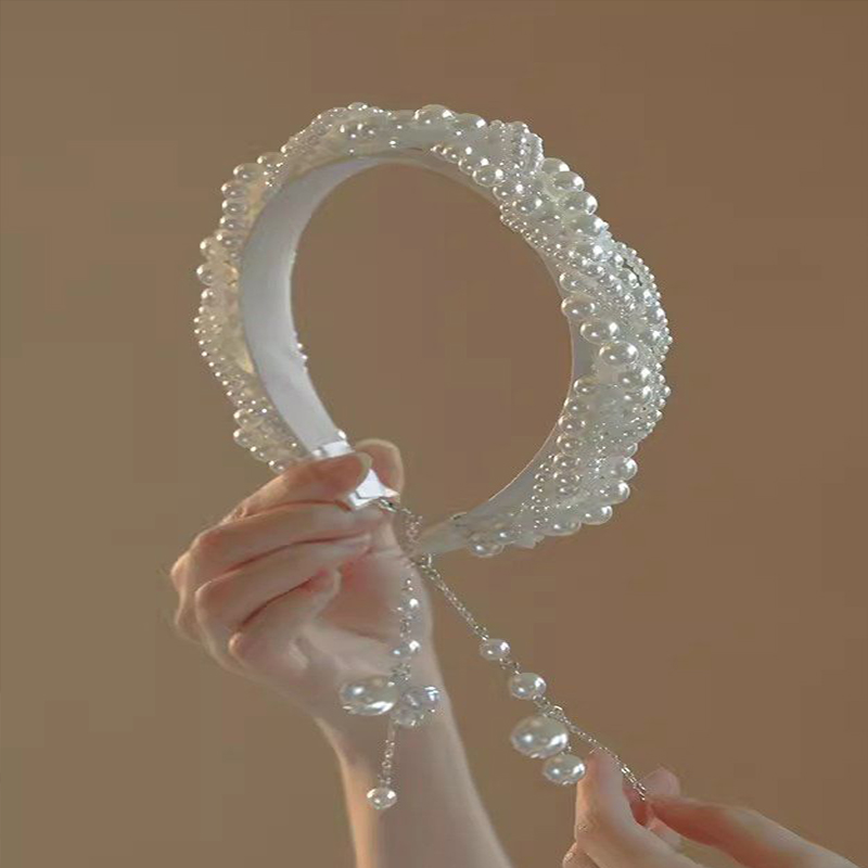 Handcrafted Heavy Pearls Tassel Headband with Wide Brim for High Crown Fashion Accessory