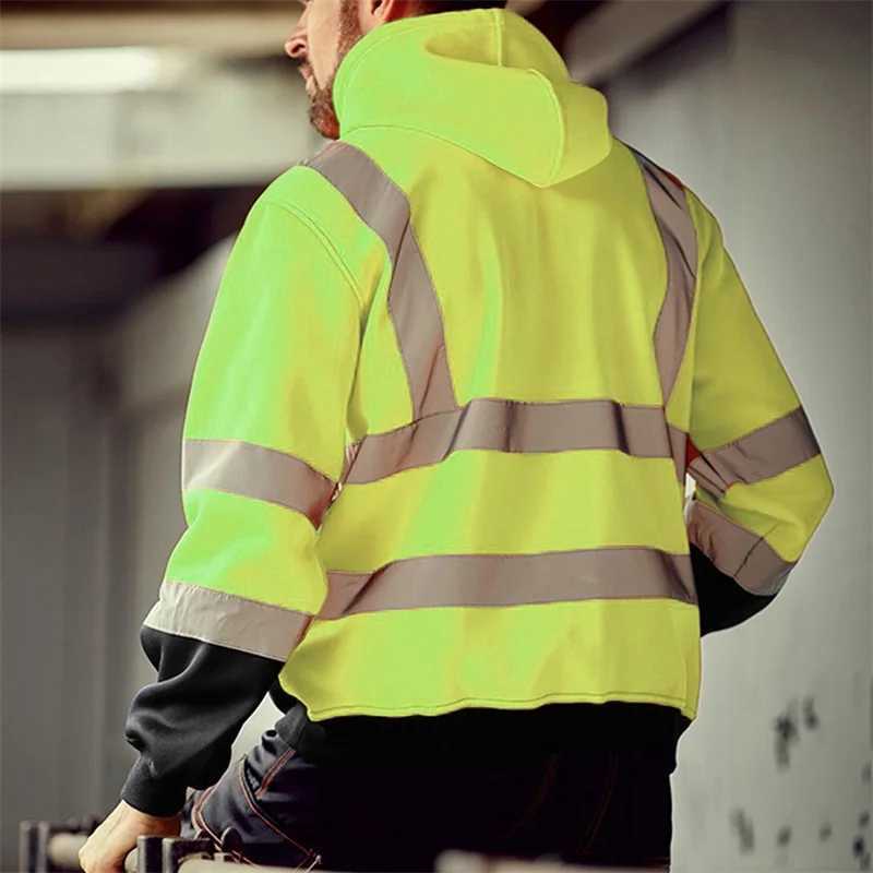 Mens Winter Reflective Hoodie Sweatshirts Long Sleeve Geometric Pattern Casual High Visibility Tops with Side Zipper W250530