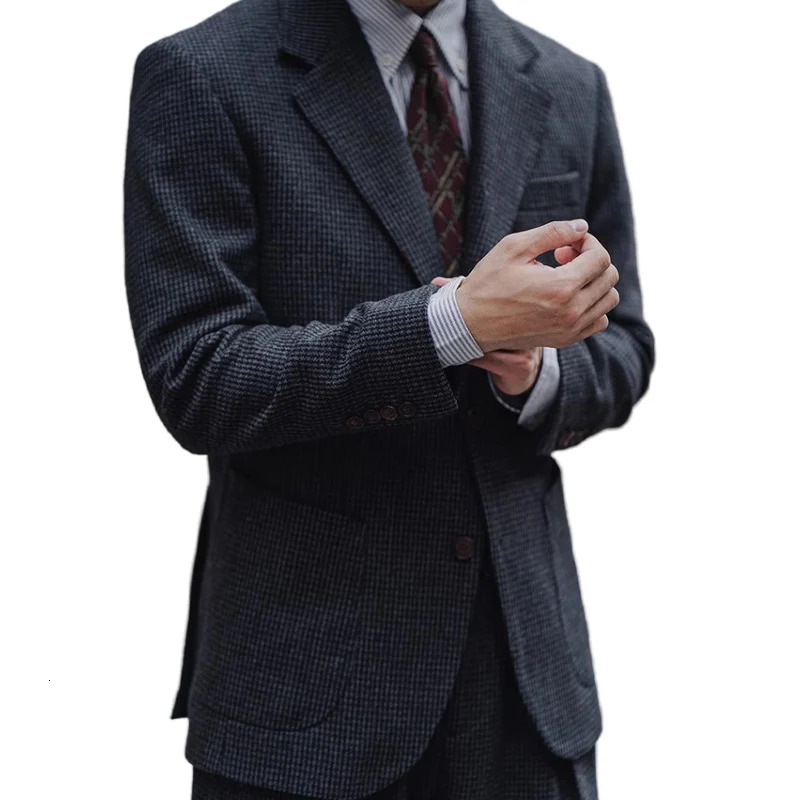 Retro British Houndstooth Plaid Slim Wool Suit Spring and Autum Thickeneded Tweed Casual Suit Jacket for Men 250527
