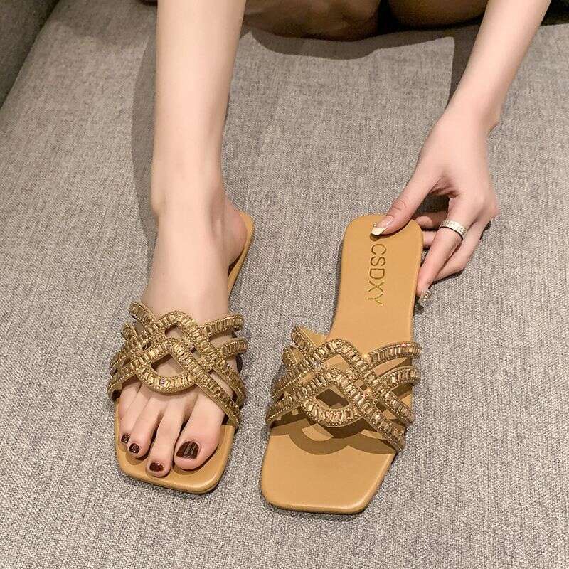Large Size Women's Shoes, Wide Feet 41-42 Rhinestone Slippers, Women's Outdoor Wear, Summer Fashion, Versatile, Square Headed, Flat Bottomed