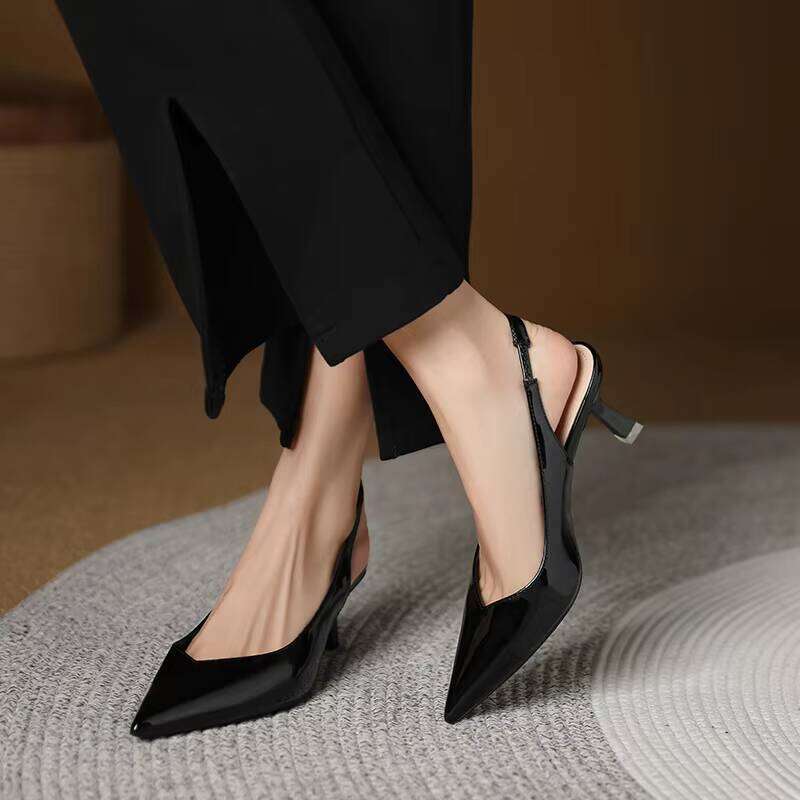Women's Patent Leather Pointed Toe Slingback Heels Elegant Korean Style Office Shoes