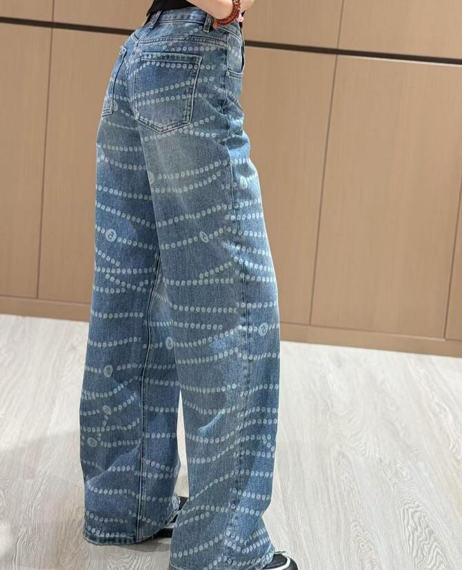 NEL2708 high waist designer jeans women Pearl Chain brand jeans womens straight denim pants
