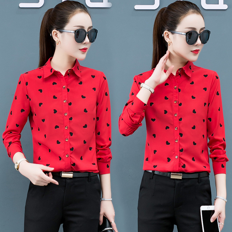 Spring and autumn new printing yellow red white shirt womens long sleeved chiffon blouse womens Korean slim 210315