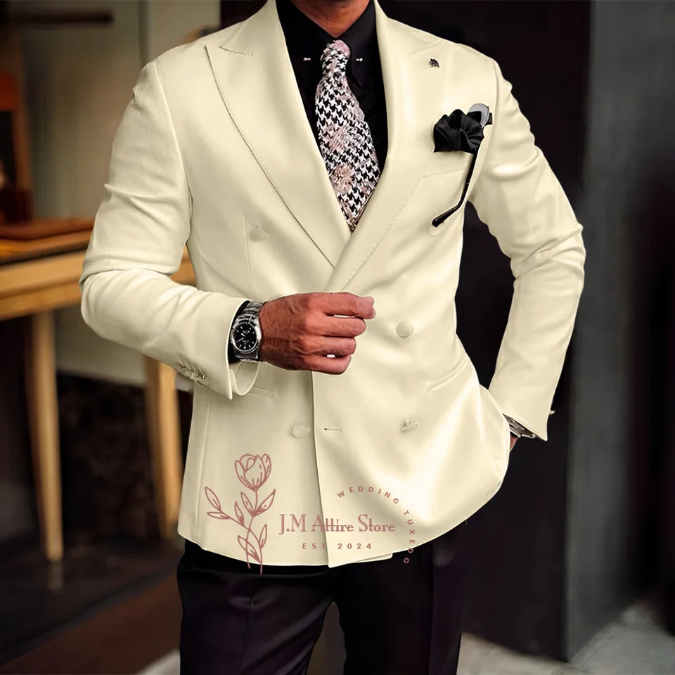 Elegant ivory mens 2piece suit lapel double breasted jacket and black pants custom tuxedo for wedding groom party attire 250529Z
