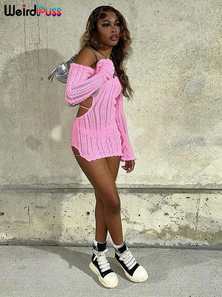 Weird Puss Slash Neck Backless Dress Women Sexy Knit Hollow Chic Trend Irregular Elegant Skinny Streetwear Midnight Side Bodycon 250530
