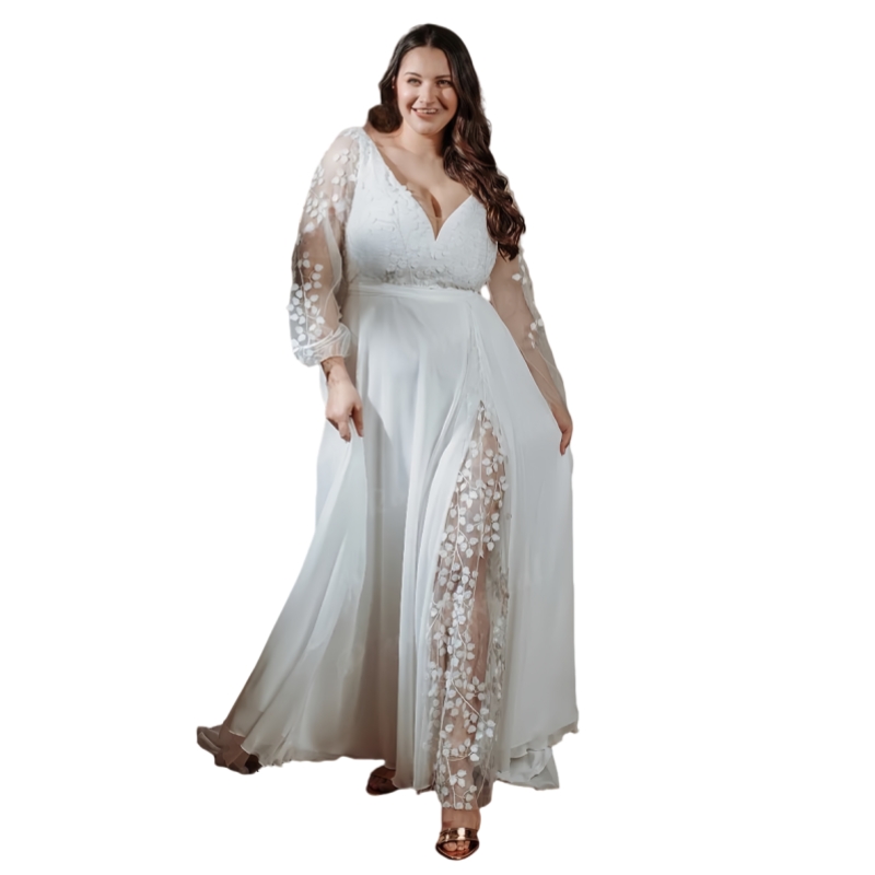 Bohemian Plus Size Wedding Dress for Women 2025 Long Sleeves V Neck Lace Appliques Bridal Gown Illusion Side Slit Lace Chiffon Beach Bride Dresses