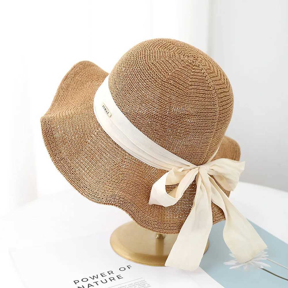 Womens Foldable Fisherman Sun Hat Breathable Sun Protection Wide Brim with Bow Ribbon Fashion Summer Beach Travel Korean Style Z250530
