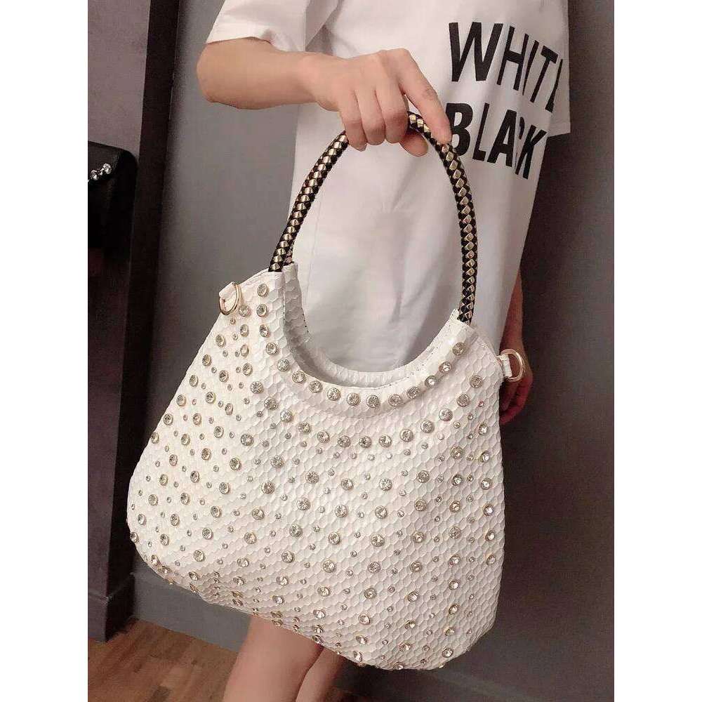 Fashion Dia Women Handbags Pu Leather Shoulder Ladies Slung White Rhinestone Messenger Crossbody Bag Shopping Totes