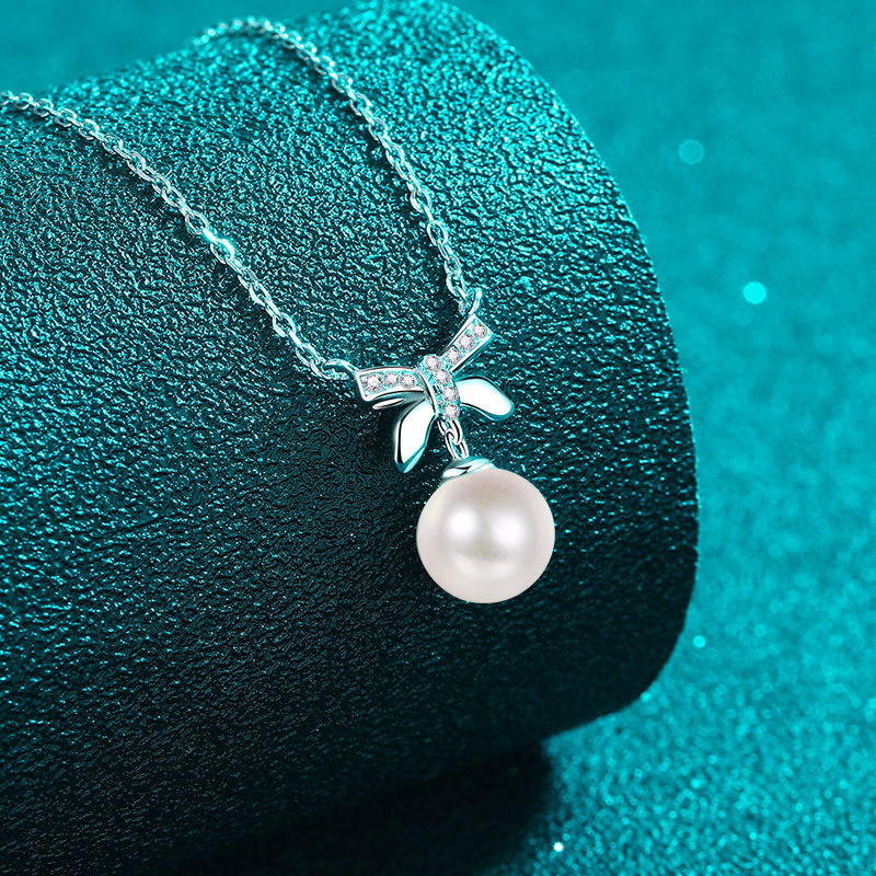 S925 Sterling Silver Moissanite Pearl Bow Pendant Clavicle Necklace Sweet Cute Girlish Minimalist Fashionable High-End Jewelry