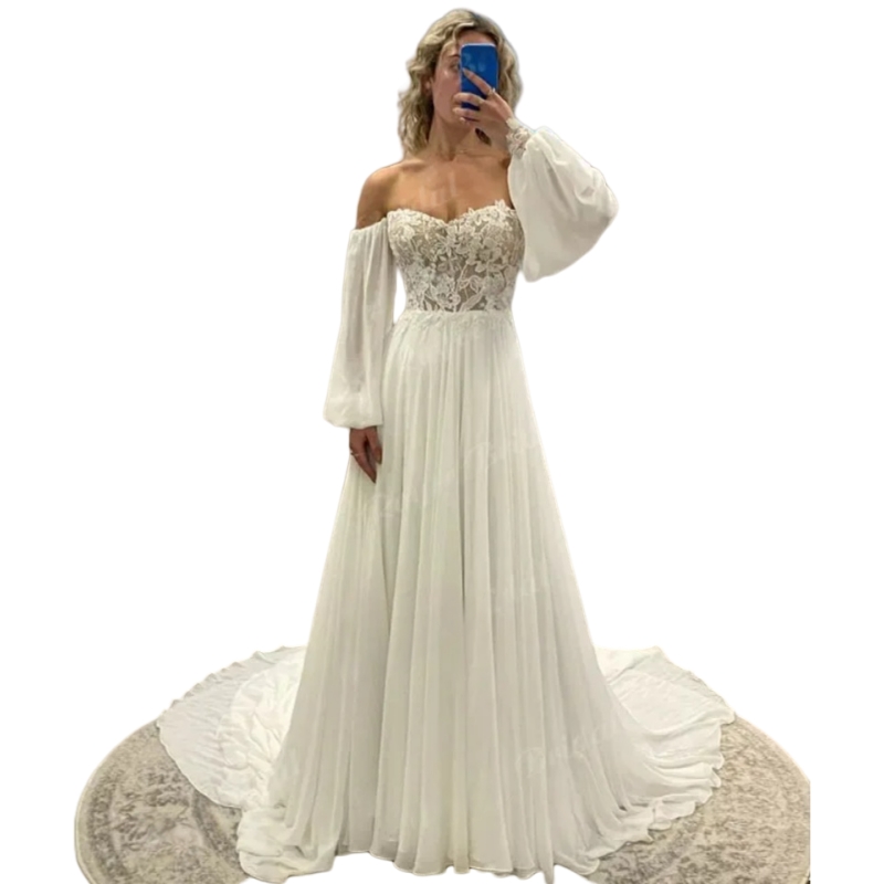 Side Split Boho A Line Wedding Dress Off the Shoulder Lace Chiffon Long Puff Sleeve Appliques Beach Bridal Gown