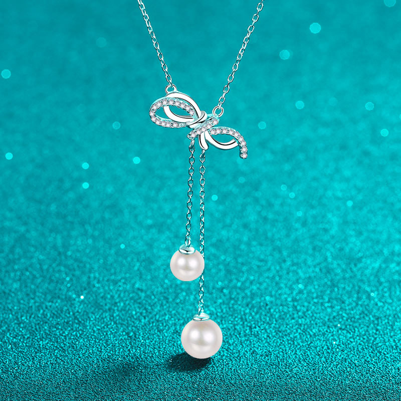 925 Sterling Silver Moissanite Bow Necklace with Natural Freshwater Pearls Tassel Pendant Elegant Minimalist Clavicle Chain