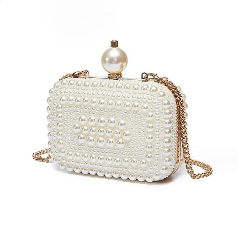 White Pearl Chain Shell Bag Genuine leather Handmade Women Square Clutch Evening Bag Size 15.5*11*5.5 250526