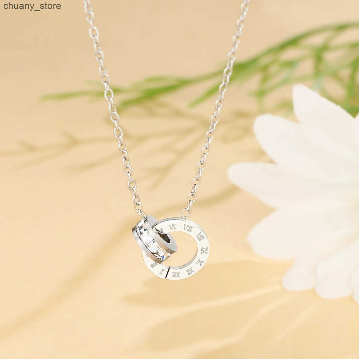 1 Piece New Creative Roman Digital Zircon Pendant Necklaces for Women Popular double ring hollow round stainless steel necklace z250530ZKQ0
