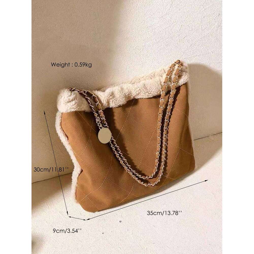 Hot Selling Winter Women's Fashion Large Casual Shoulder Bag Faux Plush Quilted Argyle Thread Chain Strap Handbag Commuting Travel Designer Bags