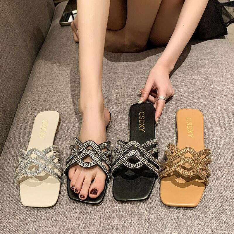 Large Size Women's Shoes, Wide Feet 41-42 Rhinestone Slippers, Women's Outdoor Wear, Summer Fashion, Versatile, Square Headed, Flat Bottomed