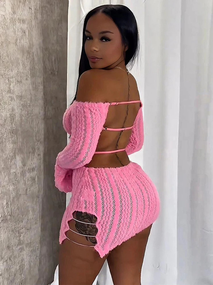 Weird Puss Slash Neck Backless Dress Women Sexy Knit Hollow Chic Trend Irregular Elegant Skinny Streetwear Midnight Side Bodycon 250530