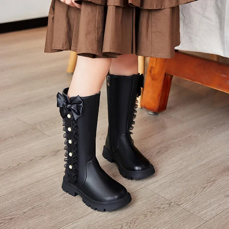Children High Boots for Girls Winter Chic Beading Sweet Bowtie Anti-slippery Elegant Lace Anti-slippery Leather Shoes 250527