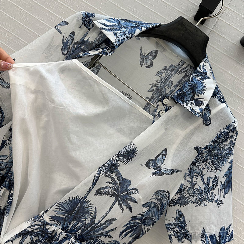 Summer Lady Shirt Collar Short Sleeve Dresses Vacation Style Luxury Single Breasted Waist Up Pure Cotton Gown Retro Classic Clothing