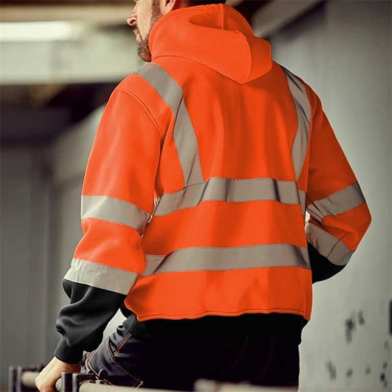 Mens Winter Reflective Hoodie Sweatshirts Long Sleeve Geometric Pattern Casual High Visibility Tops with Side Zipper W250530