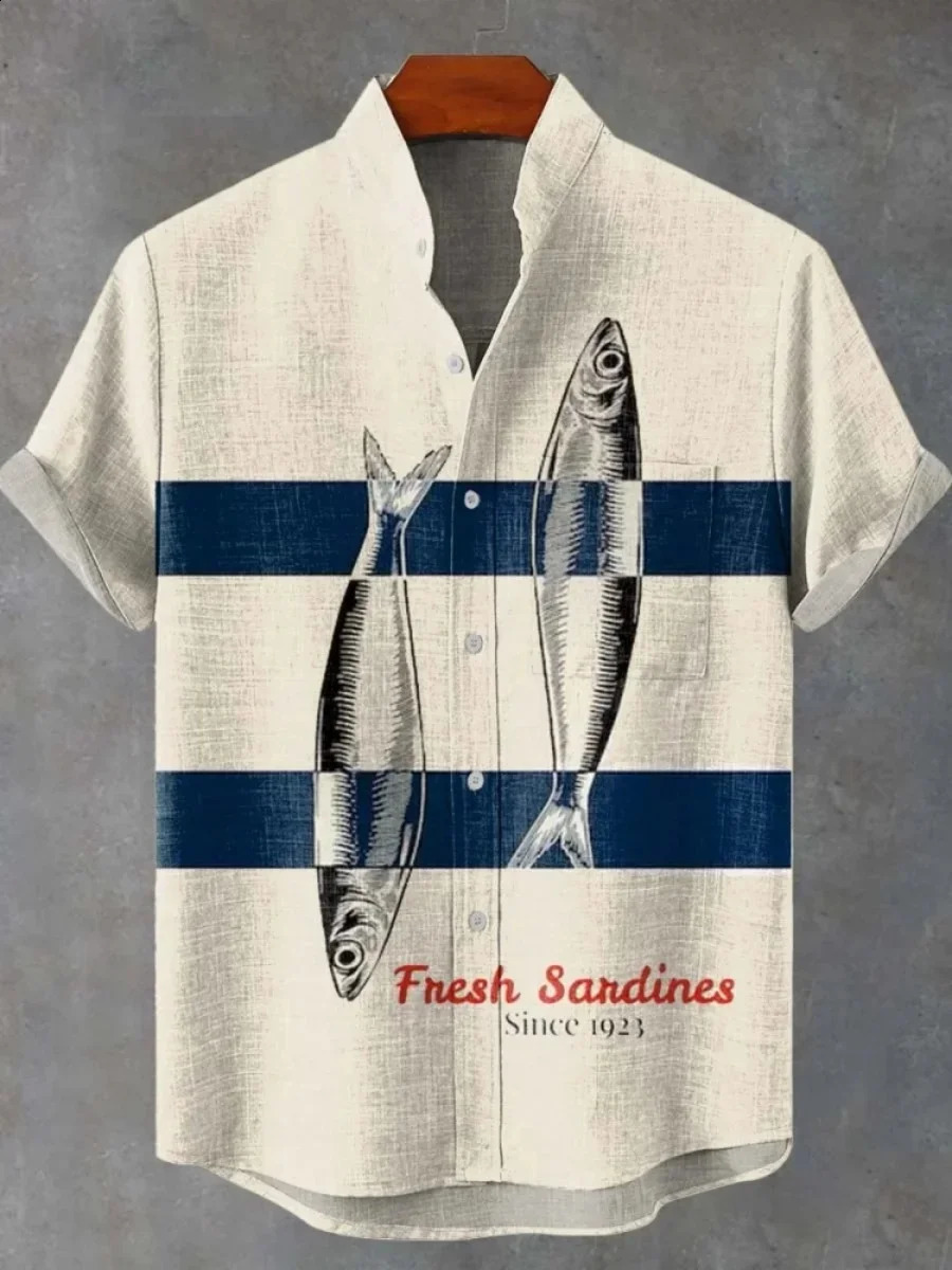 print retro style mens fish print casual linen comfortable fabric button-down short sleeve shirt 250529 - view 6