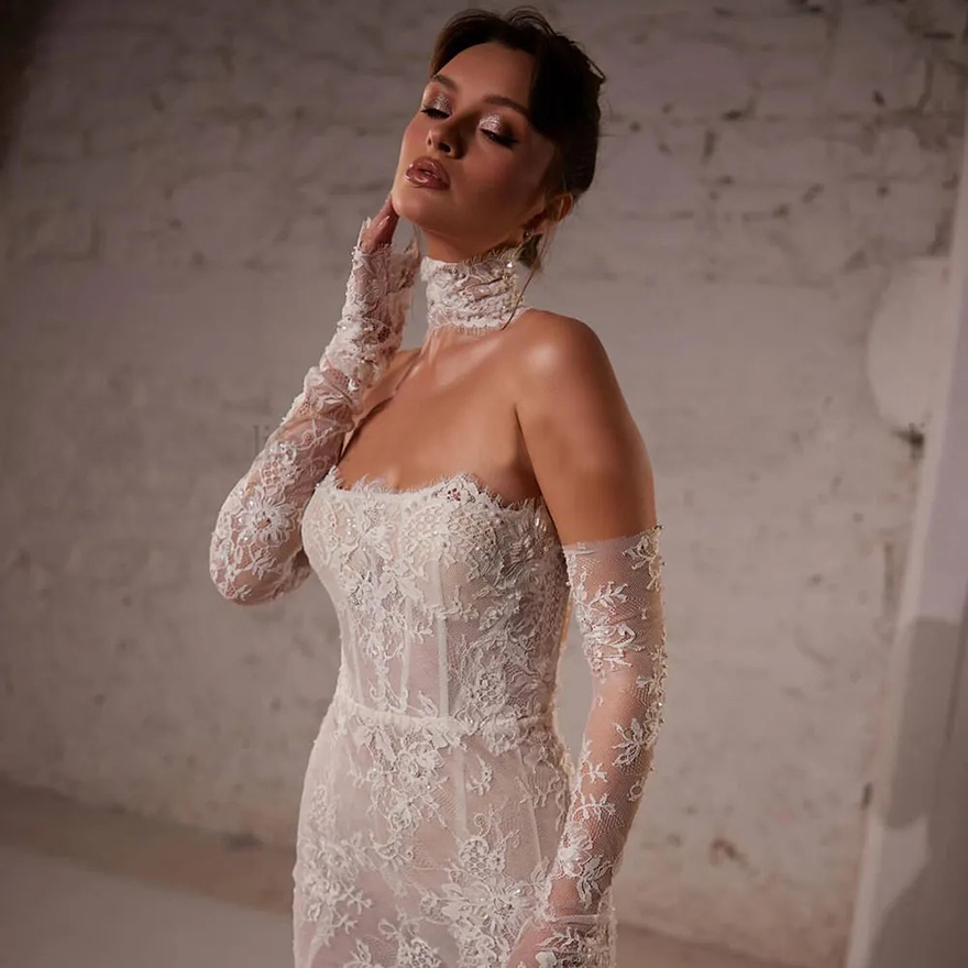 Stunning Mermaid Wedding Dresses 2025 Strapless Lace Appliqued Bridal Gowns Plus Size Saudi Arabic Dubai Bride Dress