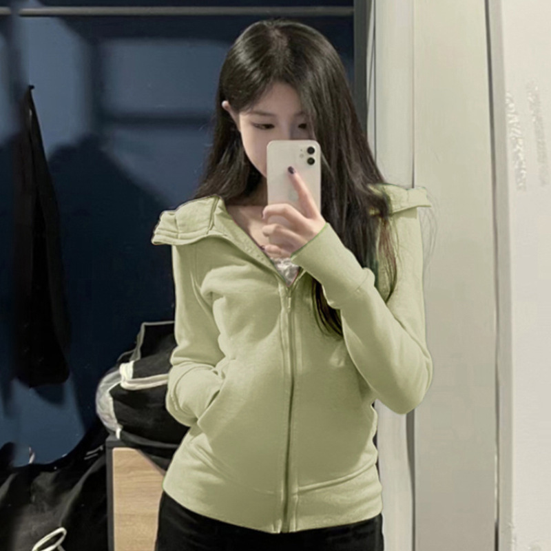 XX1909 Cardigan slim fit sweater jacket for women spring and autumn style stand collar waist thin fleece lining top