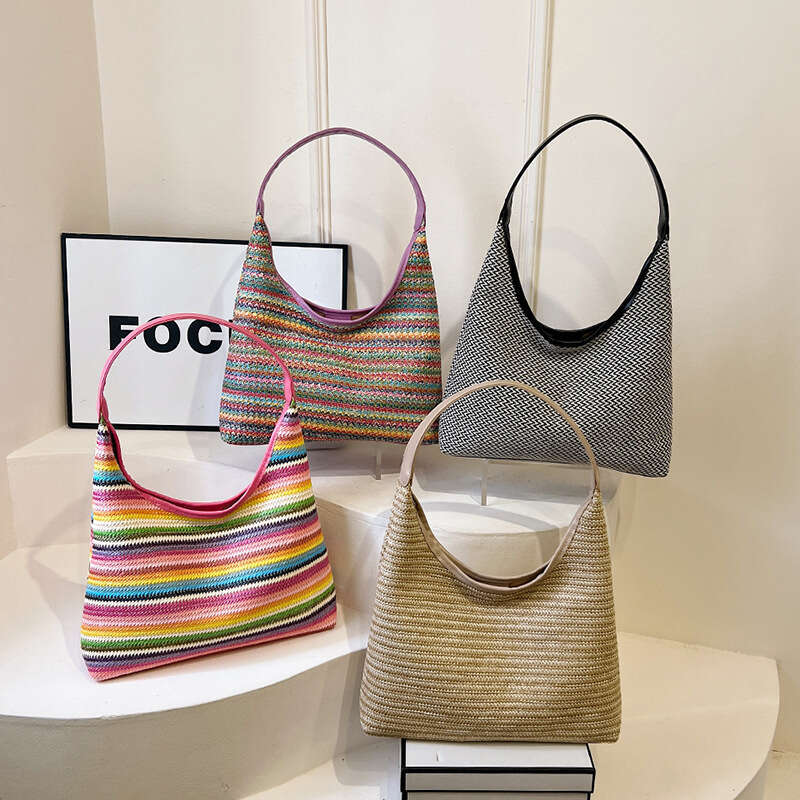 2025 New Summer Bag Bucket Large Capacity Handbag Underarm Shoulder Bag Vacation Beach Rainbow striped knitted bag