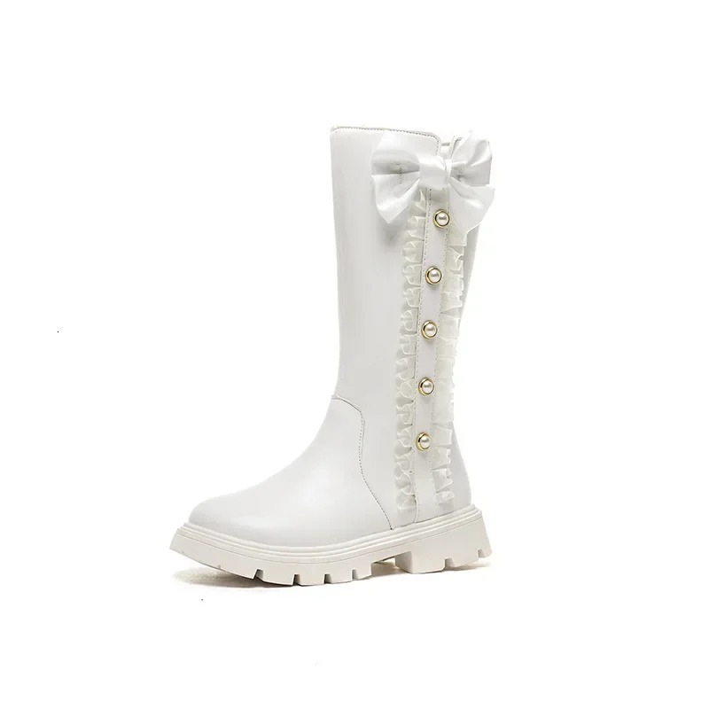 Children High Boots for Girls Winter Chic Beading Sweet Bowtie Anti-slippery Elegant Lace Anti-slippery Leather Shoes 250527