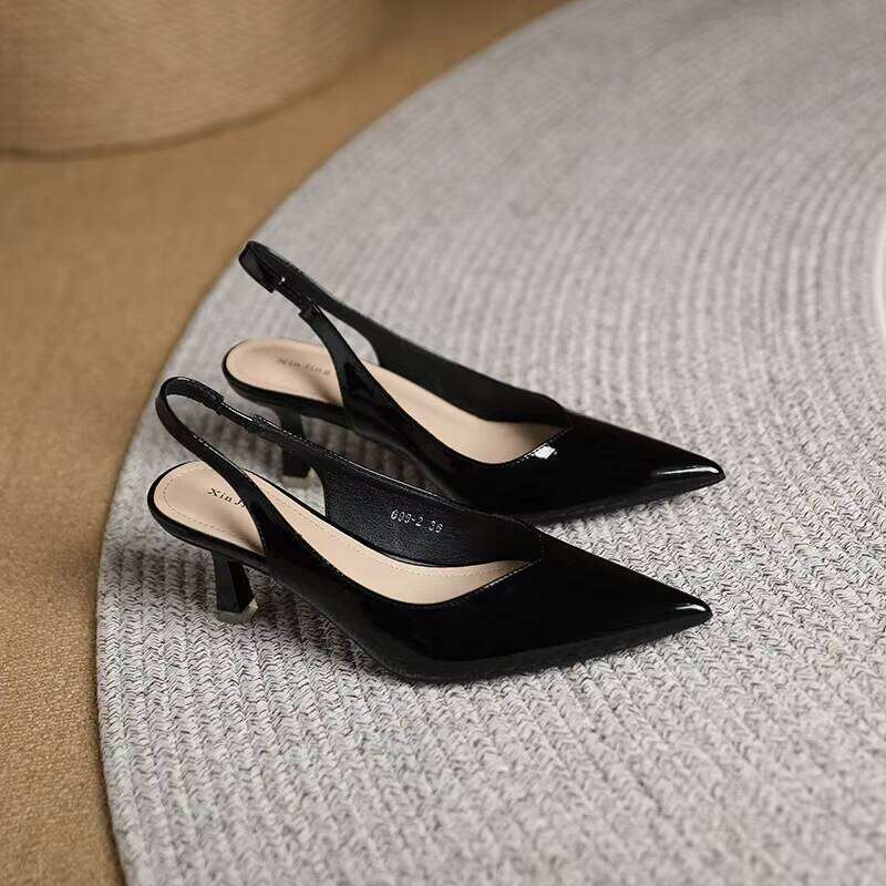 Women's Patent Leather Pointed Toe Slingback Heels Elegant Korean Style Office Shoes