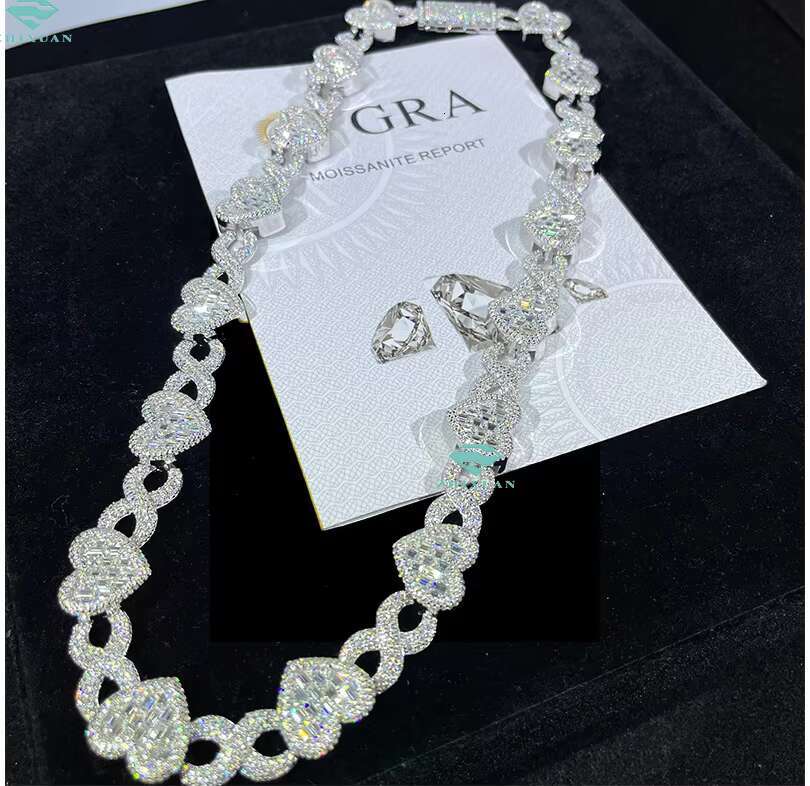 Fine Jewelry Heart Baguette 14mm Cuban Link Chain Full Iced Out Moissanite Diamond Bling Hip Hop Men 925 Silver Necklace