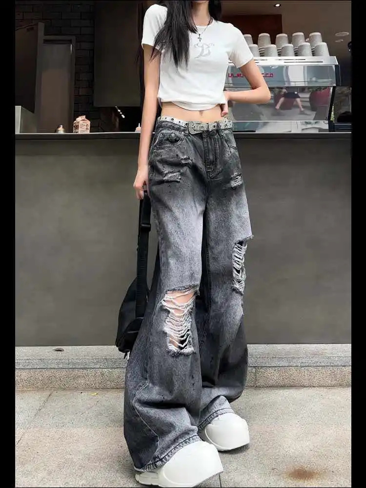 Blue Jeans Women American Style 90s Vintage High Waisted Straight Trouser Streetwear Casual Loose Wide Leg Denim Pants 250530