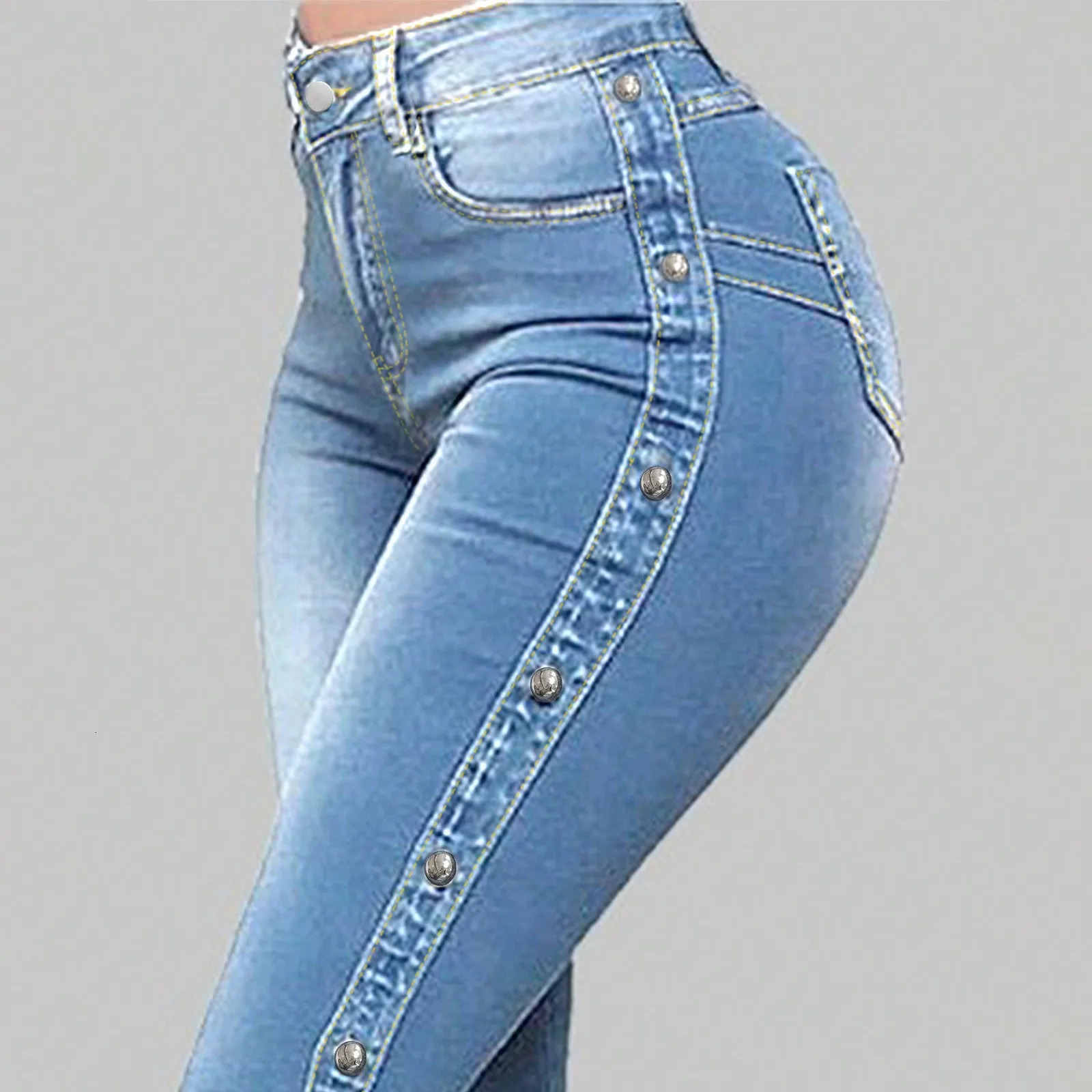 Womens Highwaisted Stretch Jeans Sexy Hiplifting Slimfit Denim Trousers Fashionable Side Buttondecorated Flared Jeans 250530