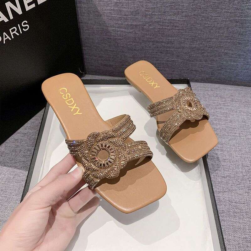Large Size Shiny Diamond Slippers For Women In Summer 2025 New Water Diamond Flat Slippers For Beach Women Designer Sandals Free Shipping
