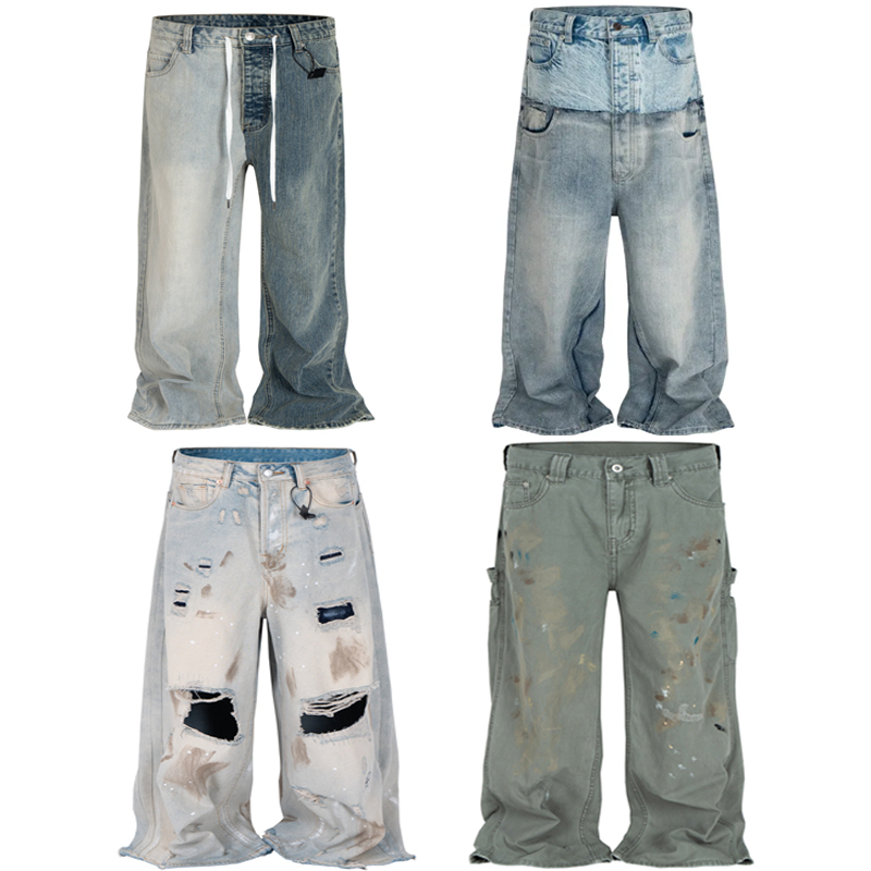 Spliced Double Layer Waist Baggy Jeans Wide Leg Jean Men's Punk Ripped Denim Pants Women's Streetwear Chic Hip pop trousers,