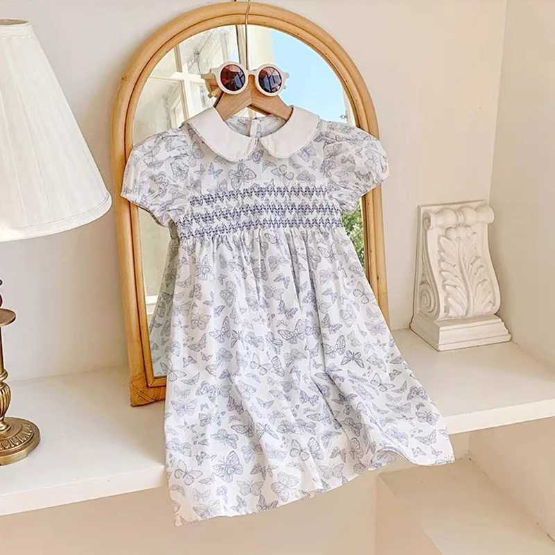 Baby Girls Princess Dresses New Summer Clothes Cotton Puff Sleeve Blue Butterfly Print Toddlers Vacation Kids Cotton Cute Dress R250530