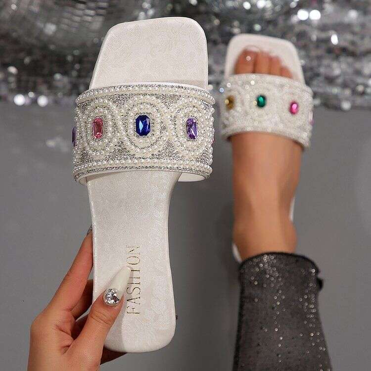 2025 Spring Colorful Square Diamond With Pearl Slippers Designer Sandals Women's Flat Bottom Outerwear Fashion Beach Shoes Free Shipping Wholesal