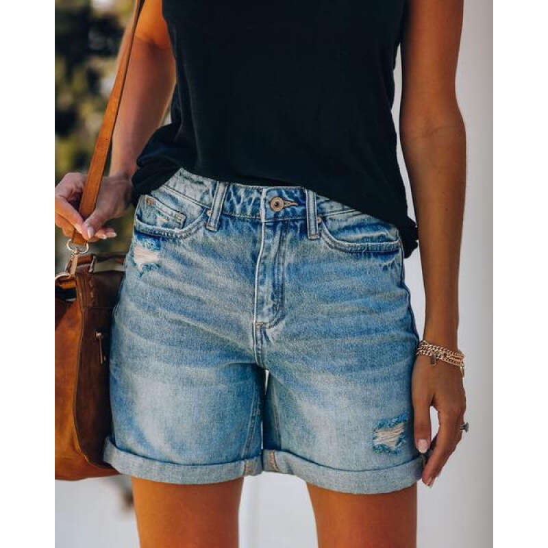 Shorts Women Denim Shorts Summer Fashion Street Style Rolled Hem Distressed Straight Leg Women Denim Shorts Jean Shorts Blue denim shorts