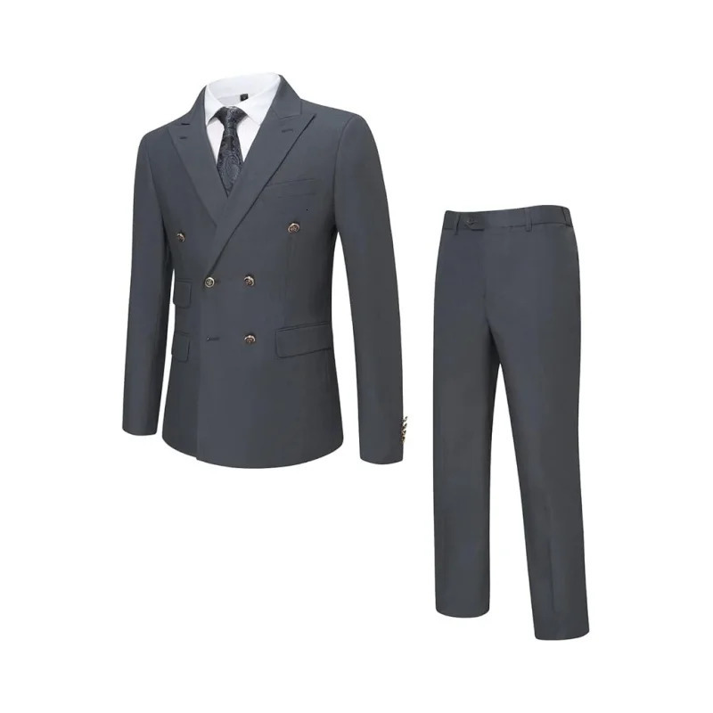 Mens Double-Breasted Suit 2-Piece Suits with Lapels Slim Fit Jacket Trousers for Wedding Business 250527