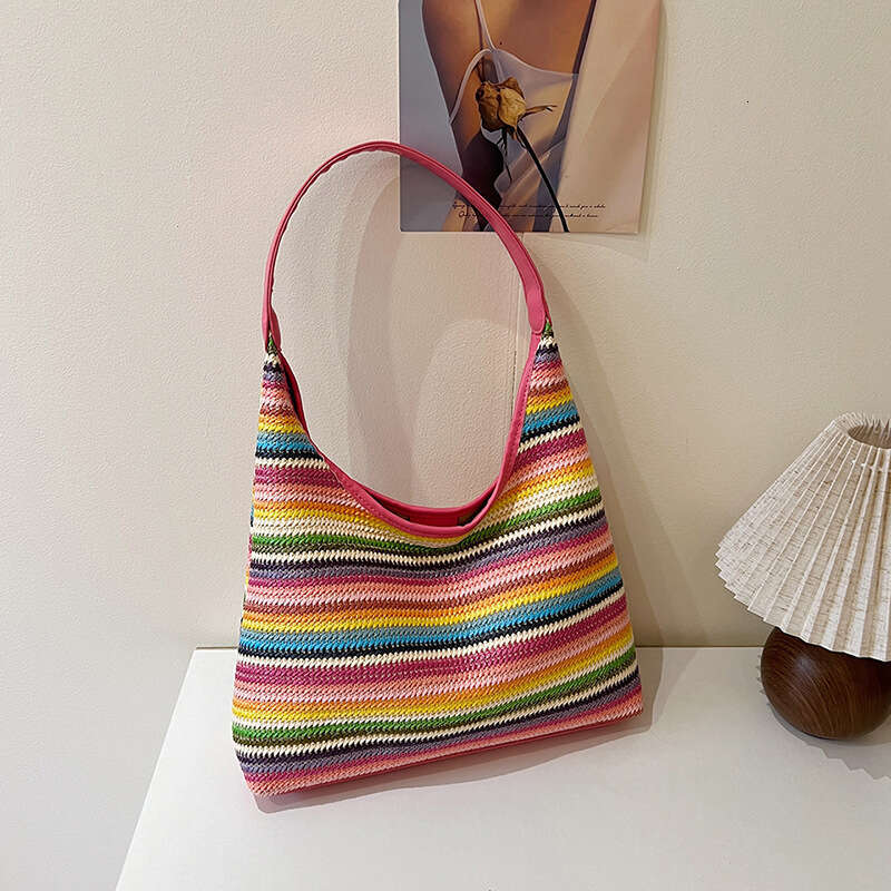 2025 New Summer Bag Bucket Large Capacity Handbag Underarm Shoulder Bag Vacation Beach Rainbow striped knitted bag