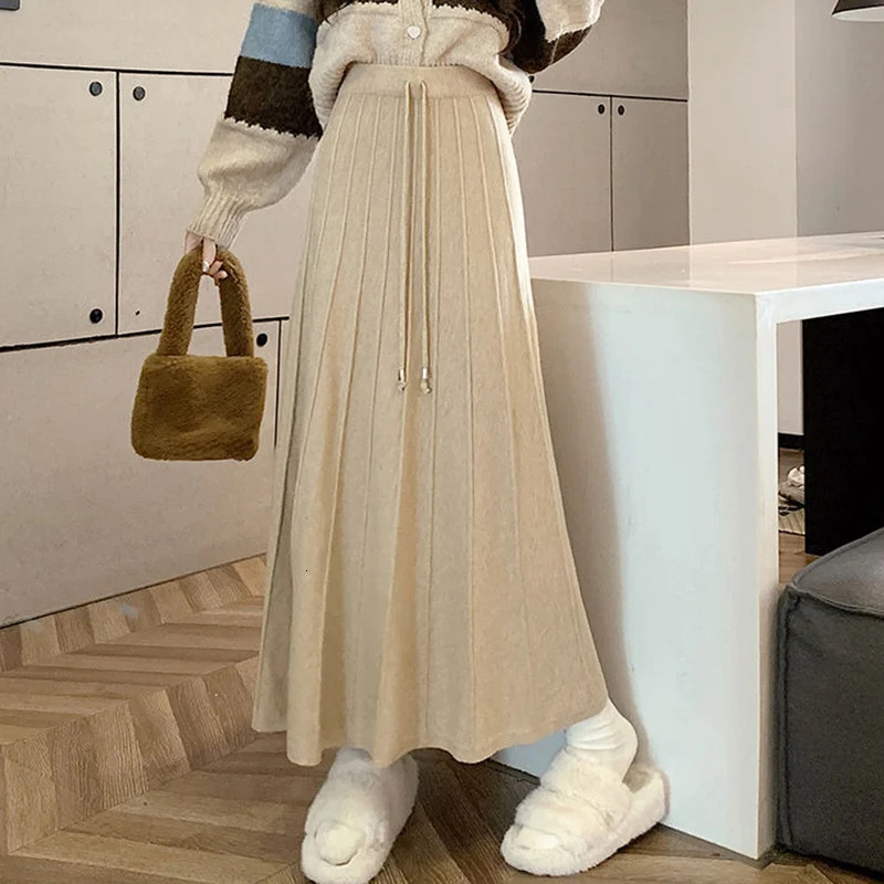 Rimocy Vintage Knitted Long Skirts for Women Winter High Waist Sweater Pleated Skirt Woman Solid Color All Match A Line Skirts 250527