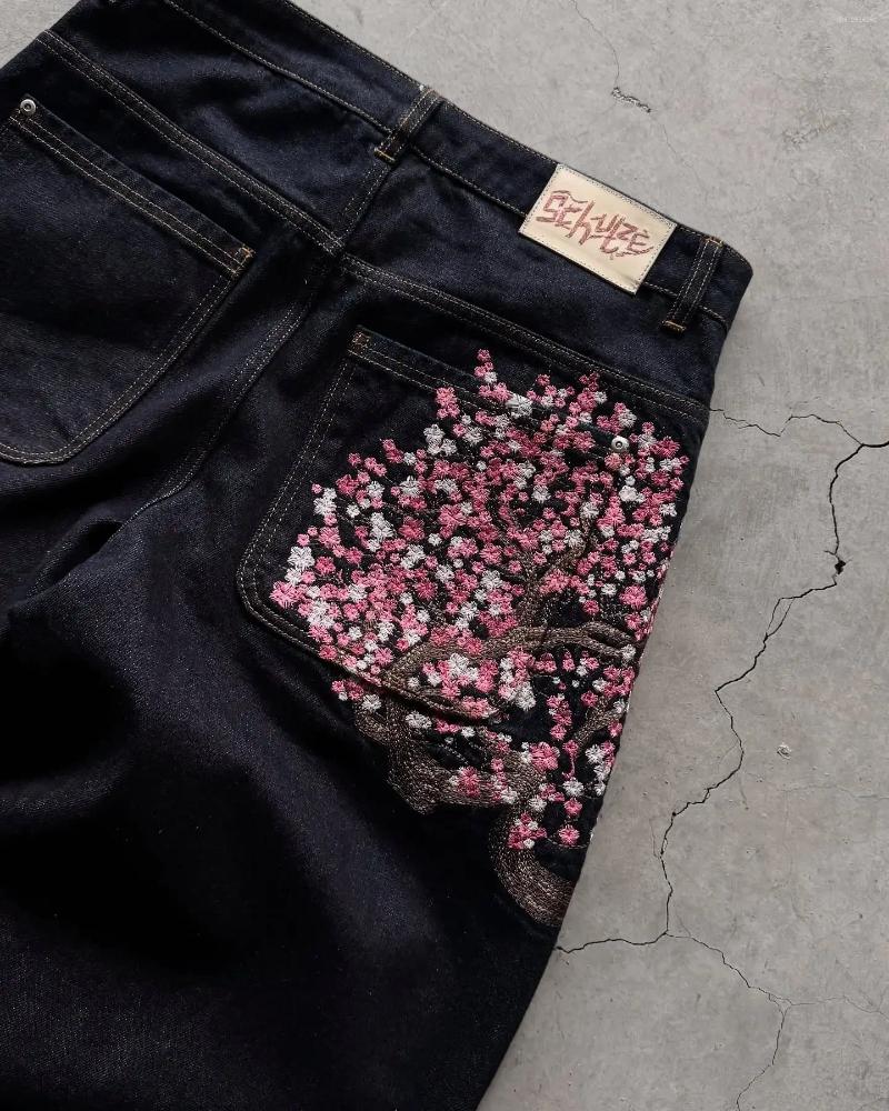 Men's Jeans Derschutze Patchwork Cherry Blossom Embroidery Denim Pants Y2k Vintage Women Baggy Straight Wide Leg Street Men Clothes