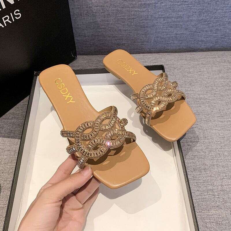 Fashionable Square Rhinestone Cross Trend Slippers For 2025, New Designer Sandals In Large Size, Casual, Wear-resistant, Casual Beach Outdoor Slippers