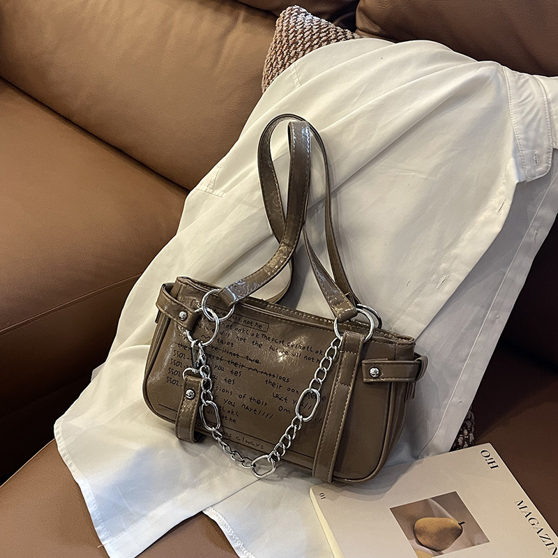 Women's Chinese-Style PU Crossbody Bag, Medium Half Moon Underarm Shoulder Handbag with Chain Embellishment, Brown Flap Pocket, Cell Phone Pocket, Zip - view 5