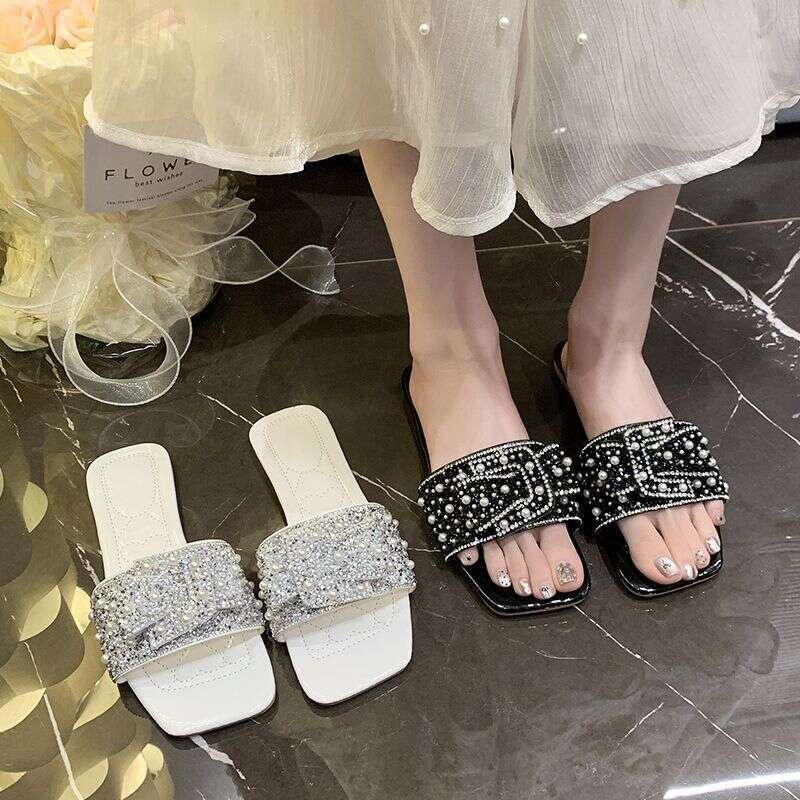 Cool Slippers For Women Wearing Out 2025 New Pearl Bow Slippers, Versatile For Students, Open Toed Flat Slippers, Designer Sandals, Free Shipping Whol